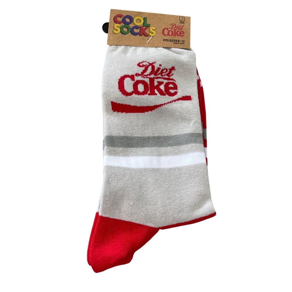 Cool Socks Crew Socks 8-12 Silver Red Diet Coke Stripe Pattern Fun Novelty NEW